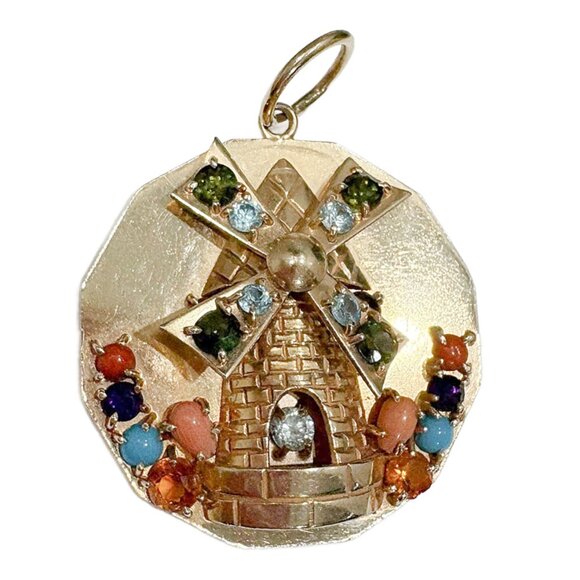 Rare Vintage Brushed 14K Gold Gemstone Windmill Pendant for Necklace - Picture 3 of 6